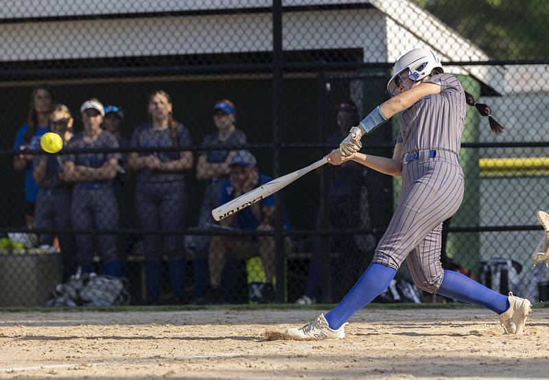 Princeton’s Keely Lawson drives the ball against Rock Falls Wednesday, May 15, 2024 a the Class 2A regional softball semifinal.