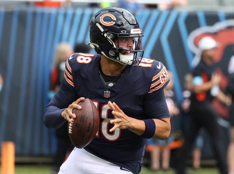 Chicago Bears quarterback Caleb Williams looks for a receiver during their game against the Cincinnati Bengals Saturday, Aug. 17, 2024, at Soldier Field in Chicago.