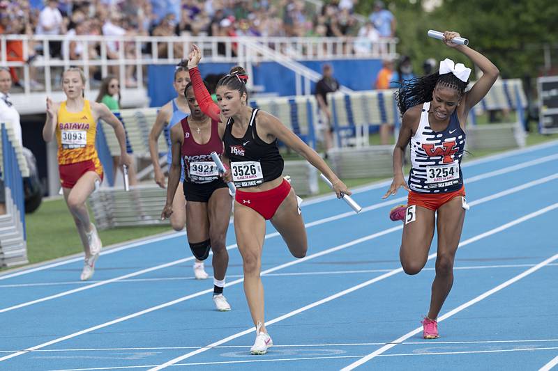 Huntley’s Victoria Evtimov crosses the line first in the 3A 4x100 Saturday, May 18, 2024 at the IHSA girls state track meet in Charleston.