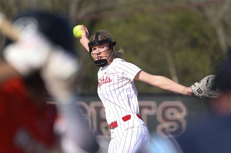 Lincoln-Way Central’s Lisabella Dimitrijevic delivers a pitch against Lincoln-Way West on Thursday, April 24, 2024 in New Lenox.