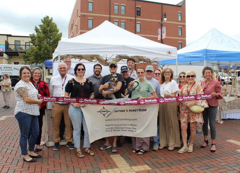 The DeKalb Chamber of Commerce welcoming Nature’s HandyWork with a ribbon-cutting