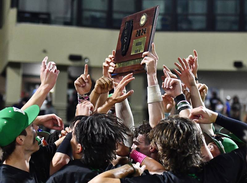 Providence teammates celebrate after defeating Mt. Carmel in the Class 4A Super-Sectional game on Monday, June 03, 2024 at Crestwood.