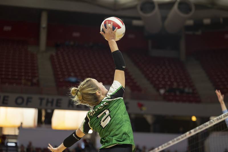 Rock Falls’ Kacie Witherow plays the ball over the net against Breese Mater Dei in the 2A state semifinal Friday, Nov. 10, 2023 at CEFCU Arena in Normal.