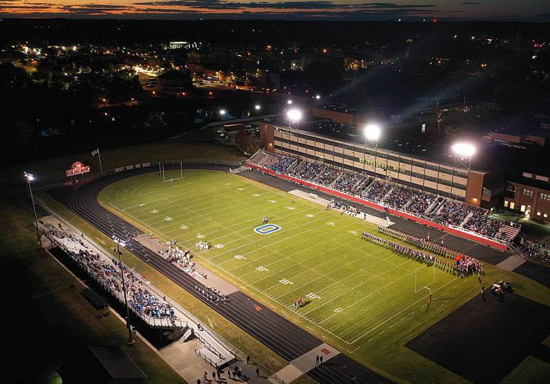 An aerial view of King Field as the L-P Cavaliers and the Ottawa Pirates play for the 123 time on Friday, Oct. 7, 2022 in Ottawa.