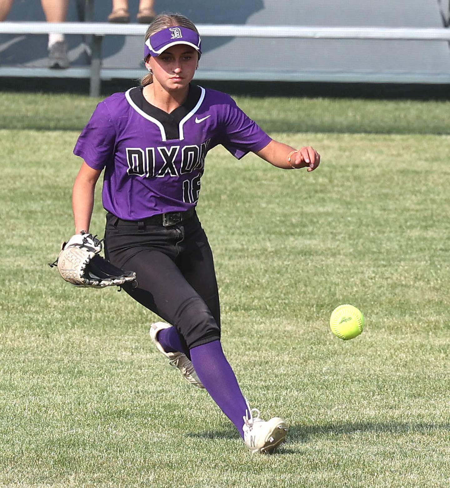 Dixon’s Bailey Tegeler has to field the ball on a bounce during their IHSA Class 3A regional contest against Sycamore Tuesday, May 23, 2023, at Sycamore High School.