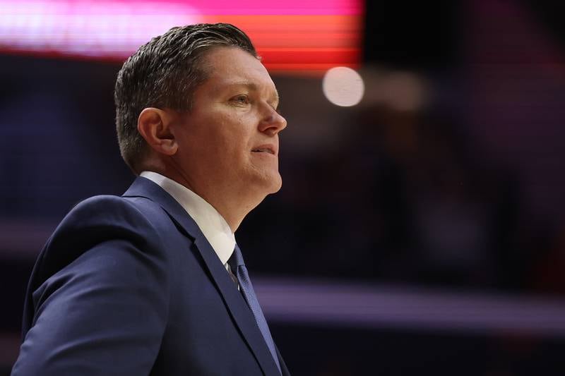 Yorkville Christian head coach Aaron Sovern during the game against Liberty in the Class 1A championship game at State Farm Center in Champaign. Friday, Mar. 11, 2022, in Champaign.