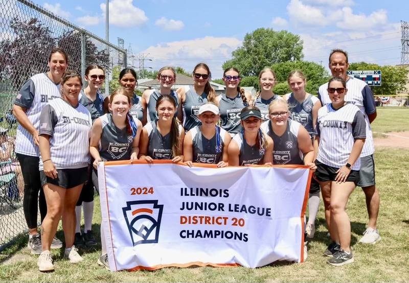 The Bi-County All-Stars made their third straight State Tournament appearance, the second at the Junior League level with one in Little League. Bi-County was eliminated with a 4-0 loss to Kaneland Saturday in Burbank. Team members are (front row, from left) Elizabeth Parcher, Kami Nauman, Alexis Margis, Eden Carlson, Sarah Schennum, Avery Sherman and Brandi Margis.