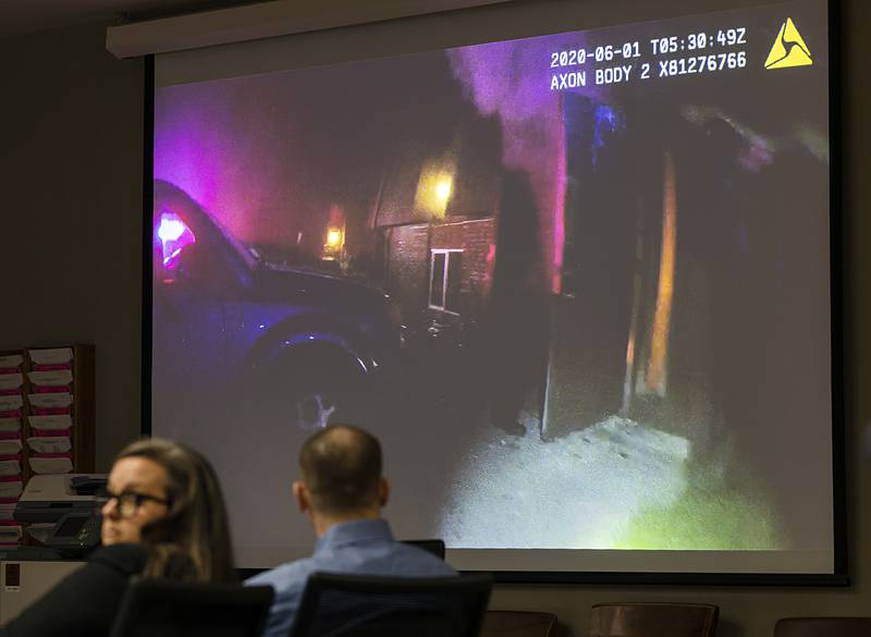 Body cam footage from Rock Falls police officer Ryan McKanna is shown in court Tuesday, July 16, 2024. The footage showed the fatal fire that took place in the early hours of June 1, 2020.