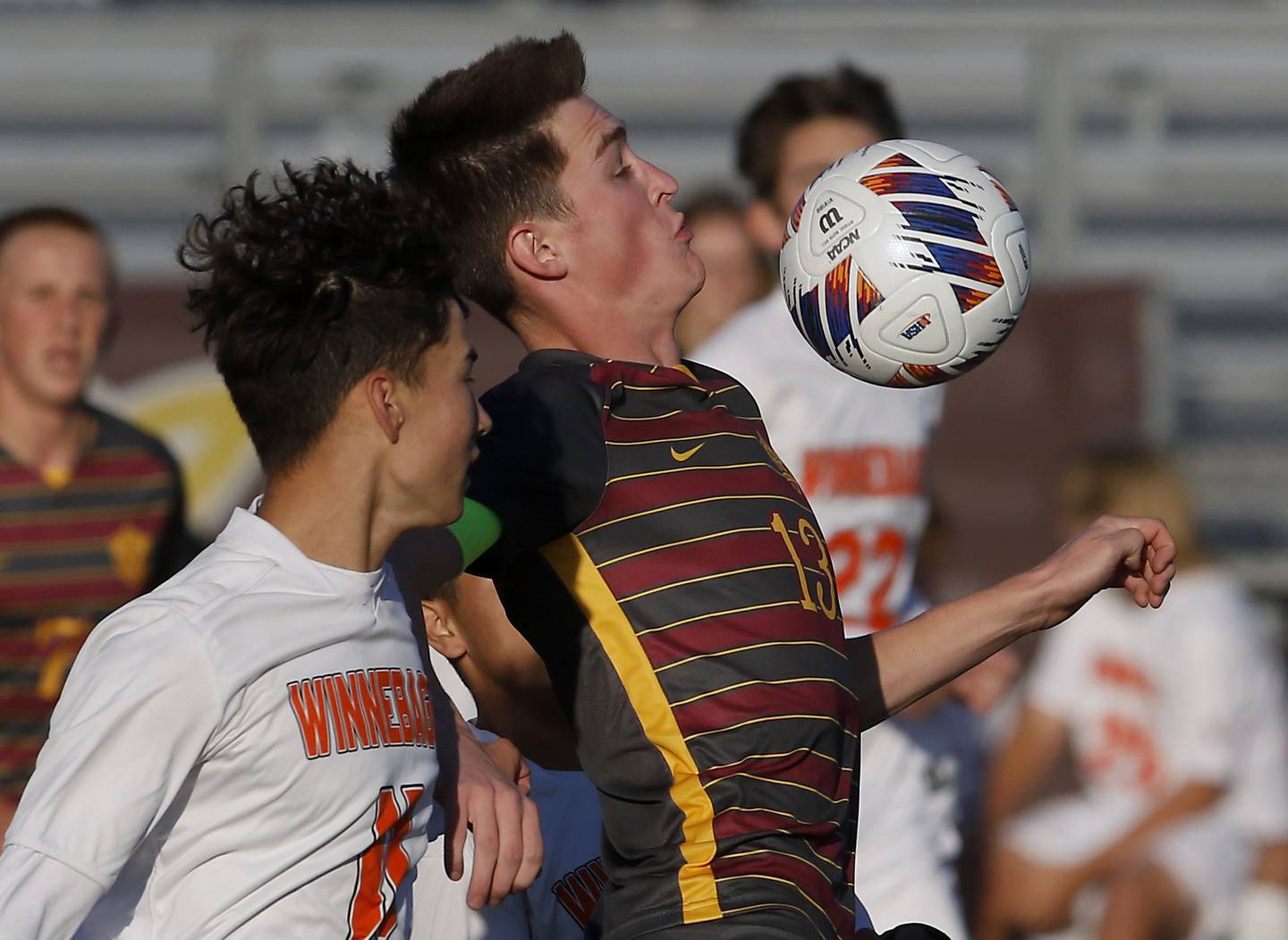 Richmond-Burton's Sean Rockwell controls the ball in front of Winnebago's Wyatt Webb during the IHSA Class 1A Richmond-Burton Regional Final soccer match Tuesday, Oct. 17, 2023, at Richmond-Burton High School in Richmond.