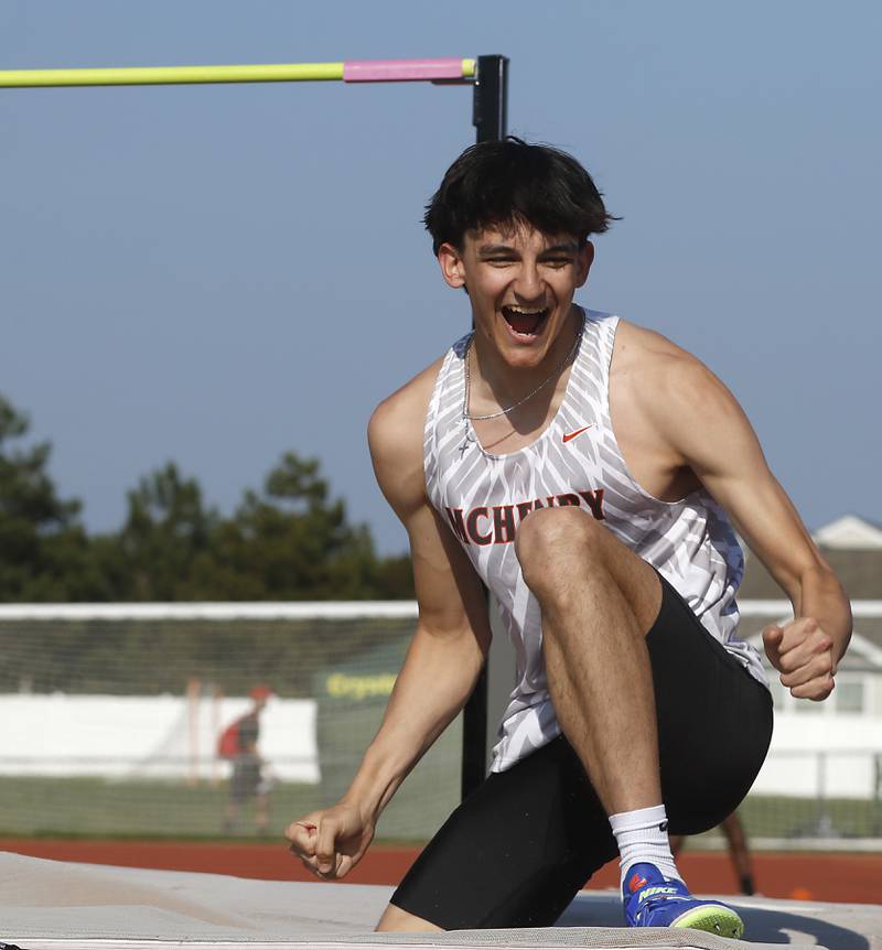 McHenry’s Hayden Stone celebrates winning the high jump during the Huntley IHSA Class 3A Boys Sectional Track and Field Meet on Wednesday, May 15, 2024, at Huntley High School.