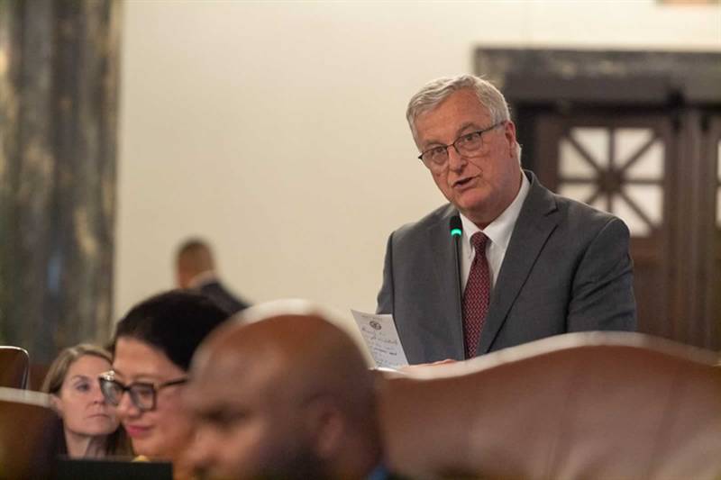 State Sen. Mark Walker, D-Arlington Heights, speaks on the floor of the Senate Sunday, May 26, 2024, in support of his plan to deed 1,500 acres of state park land in Shabbona to the Prairie Band Potawatomi Nation. (Capitol News Illinois photo by Jerry Nowicki)