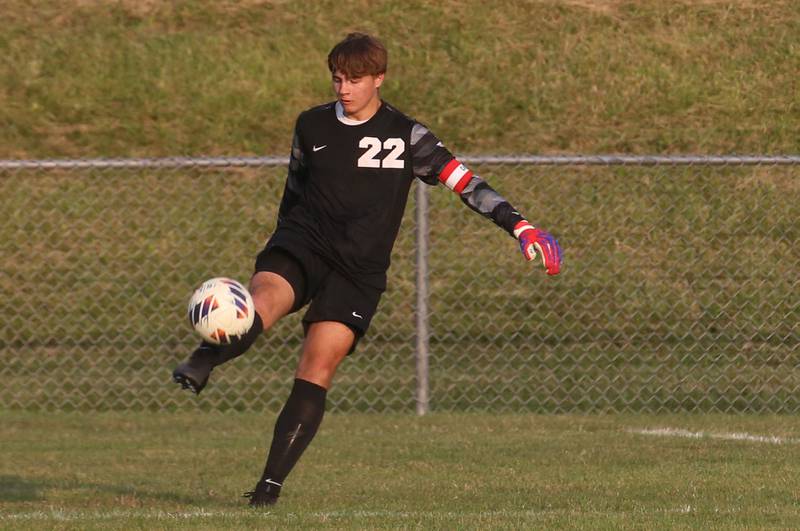 Ottawa keeper Connor Diederich punts the ball against Kaeland on Wednesday, Sept. 11, 2024 at King Field.