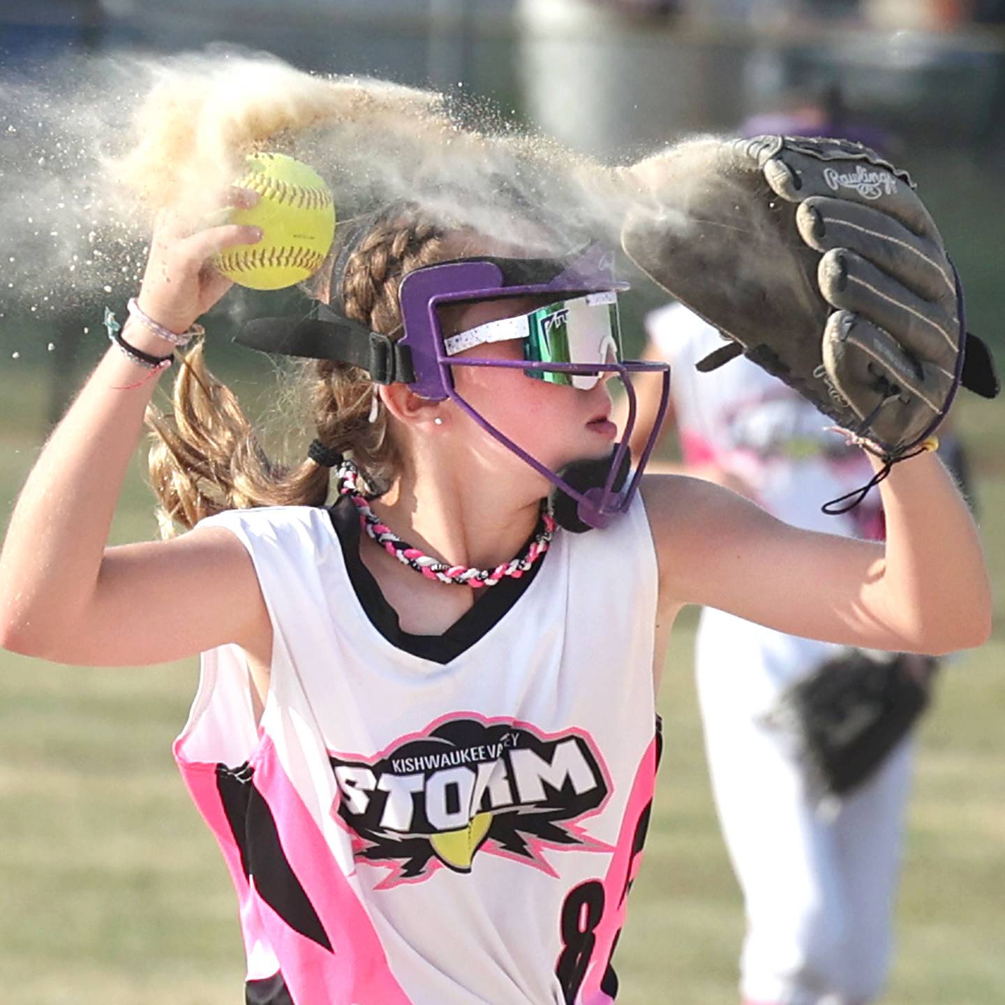 Kishwaukee Valley Storm 10u player Emma Wilczek finds the ball among the dirt in her glove to throw to first for an out Wednesday, June 21, 2023, during a scrimmage game against the Poplar Grove Power at the Sycamore Community Sports Complex. The Kishwaukee Valley Storm is hosting the Storm Dayz tournament this weekend which draws about 70 teams and runs Friday through Sunday in Sycamore.