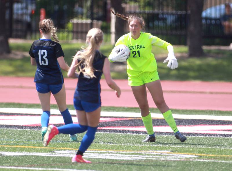 Crystal Lake Central goal keeper Addison Cleary holds onto the ball during the Class 2A state semifinal game against Burlington Central at North Central College in Naperville on Friday, May 31, 2024.