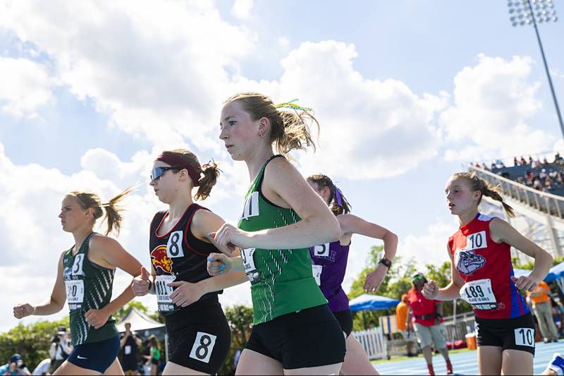 Evelyn O’Connor of Seneca starts her run in the 1A 1600 run Saturday, May 18, 2024 at the IHSA girls state track meet in Charleston.