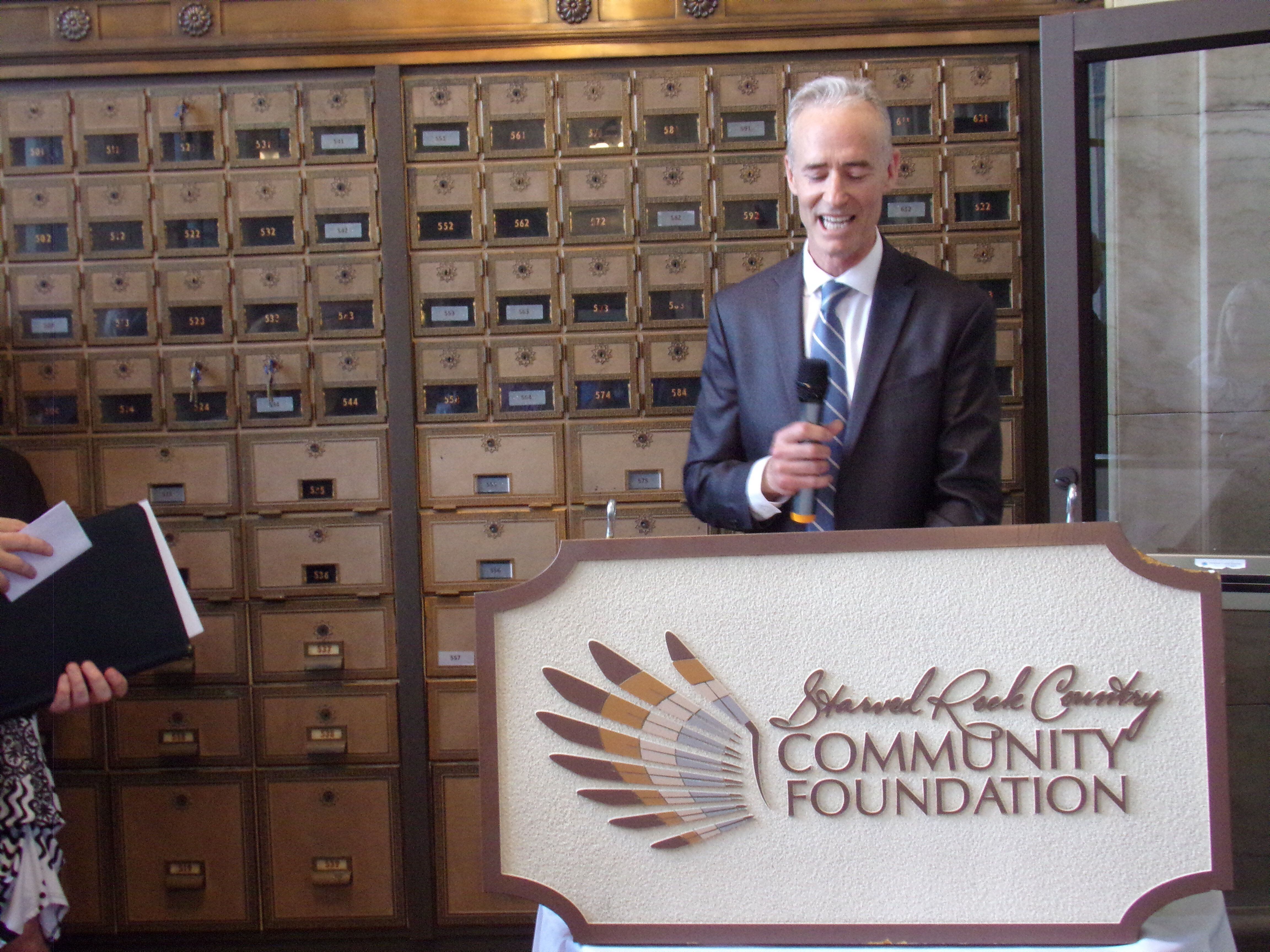 Fran Brolley speaks to supporters of the Starved Rock Country Community Foundation shortly after he was introduced as its new director Thursday, June 1, 2023, at an event in La Salle.