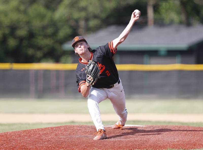 Wheaton Warrenville South's Luke Scherrman (2) pitches during the Class 4A York regional semi-final between Wheaton Warrenville South and St. Charles East in Elmhurst on Thursday, May 23, 2024.