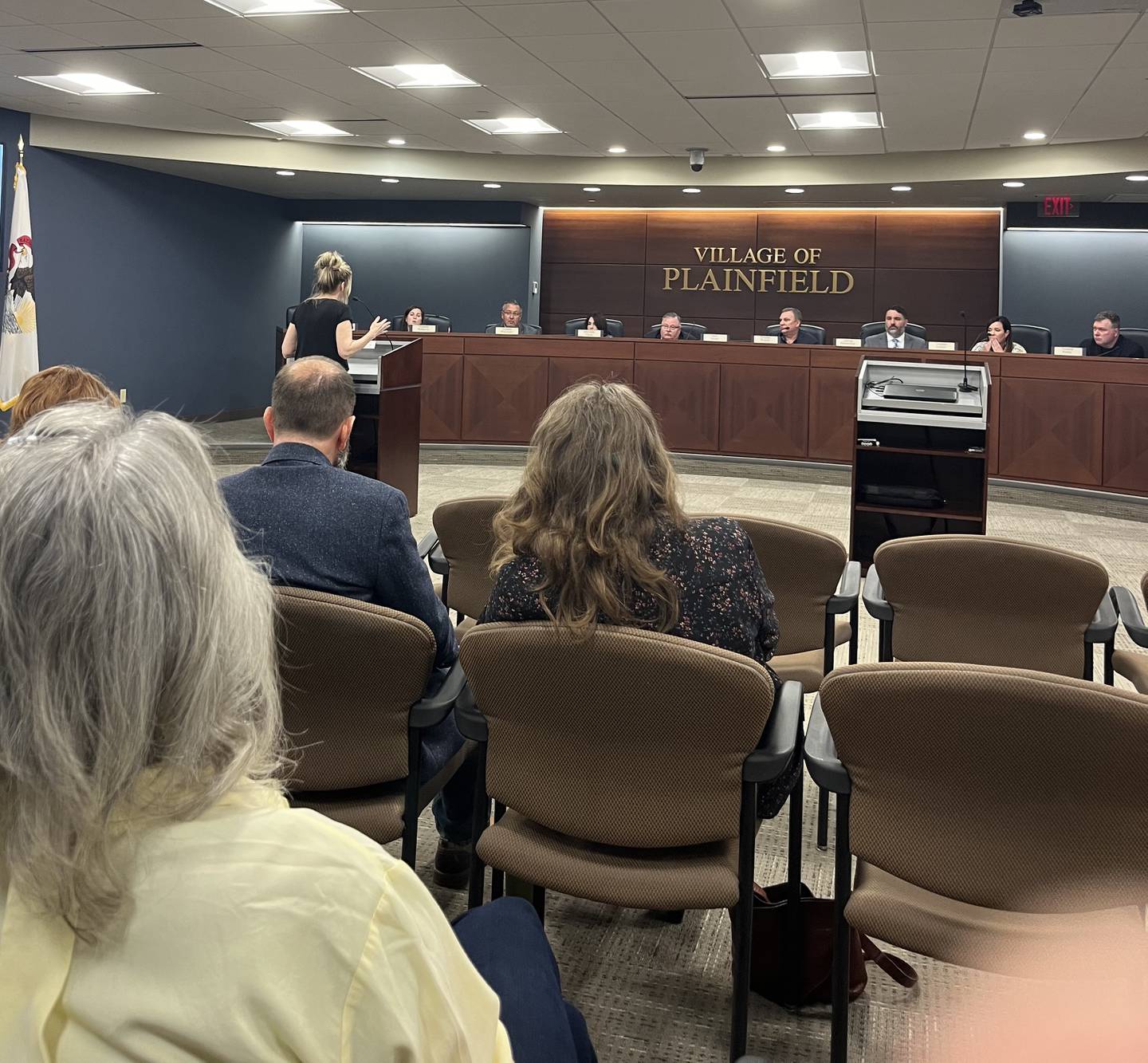 Plainfield resident Stephanie Batozech addresses the village board during the public comment period of the board meeting on Sept. 16, 2024.  Batozech was sharing her views on some residents objections to the village flying the Pride flag each June and other flag displays.