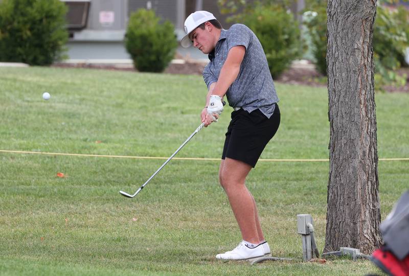 DeKalb’s Jonah Keck chips onto the third green Monday, Sept. 16, 2024, during the Mark Rolfing Cup at the Kishwaukee Country Club in DeKalb.