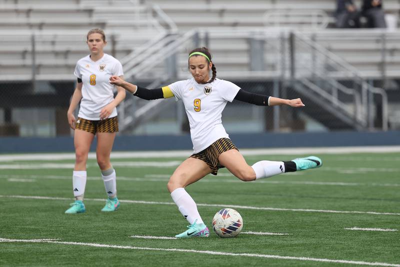 Joliet West’s Mackenzie Mertes takes a shot against Plainfield South on Thursday, April 18, 2024.