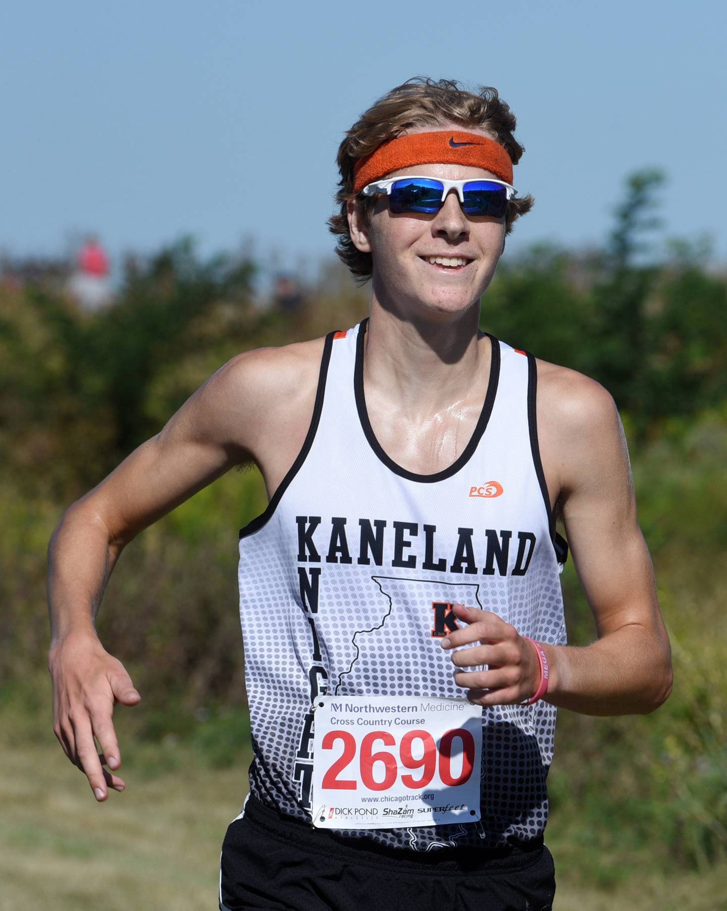 Kaneland’s Evan Nosek finishes first in the Kane County cross country invite on Saturday, Aug. 31, 2024 in Geneva.