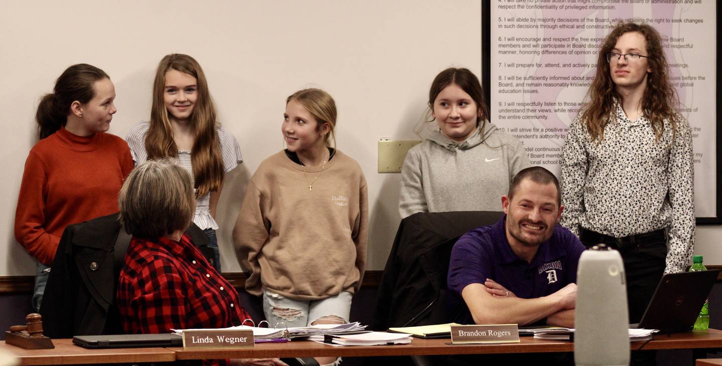 Reagan Middle School students who were Illinois Music Educators Association District 8 qualifiers appear at the Dixon Public Schools board of education meeting on Jan. 18.