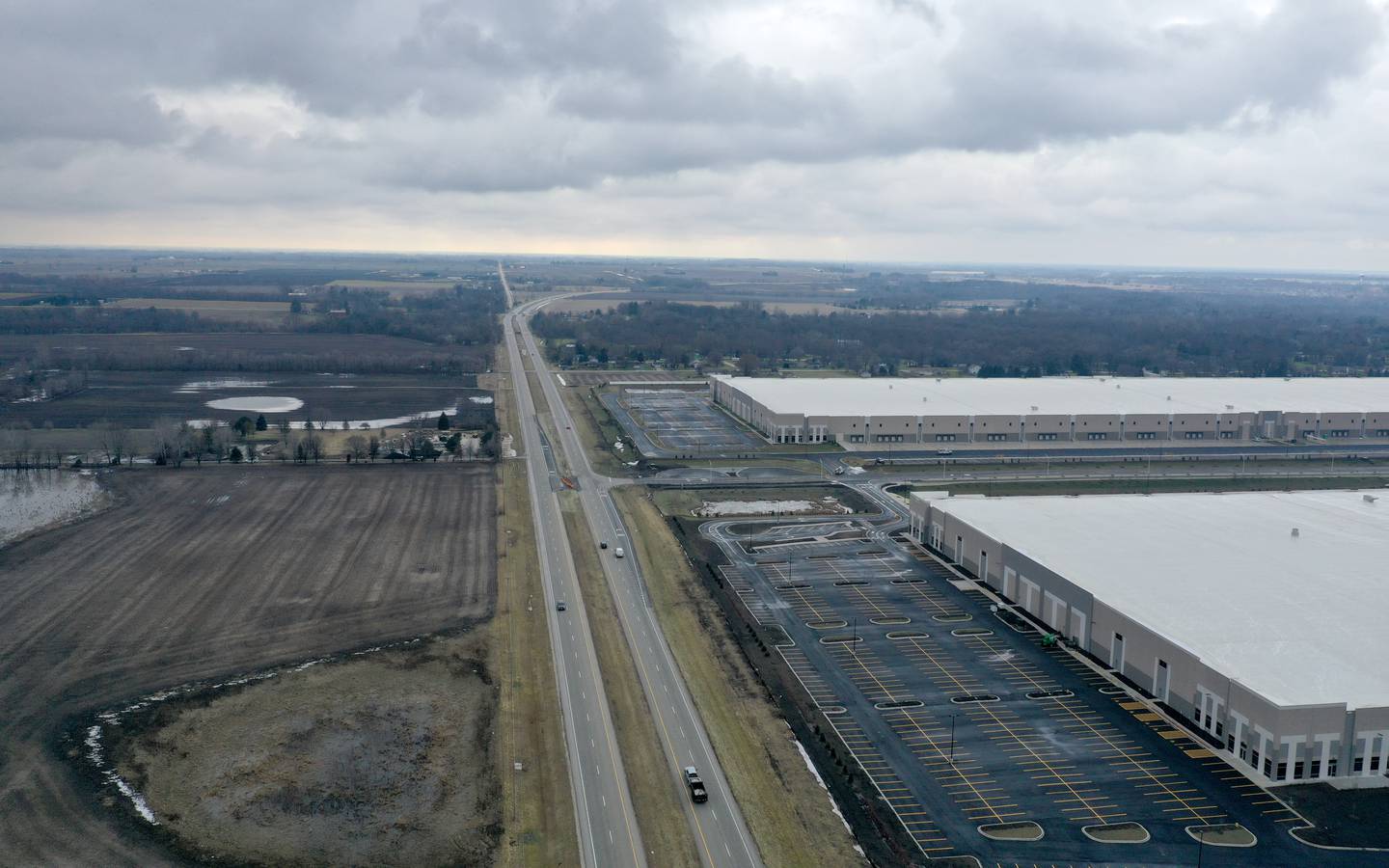 An aerial view of distribution centers for the NorthPoint group near the intersection of Noel Road and Illinois Route 53 on Tuesday, Jan. 30, 2024 in Elwood. NorthPoint is developing the Third Coast Intermodal Hub, a warehouse development of more than 2,000 acres stretching from Joliet to Elwood.