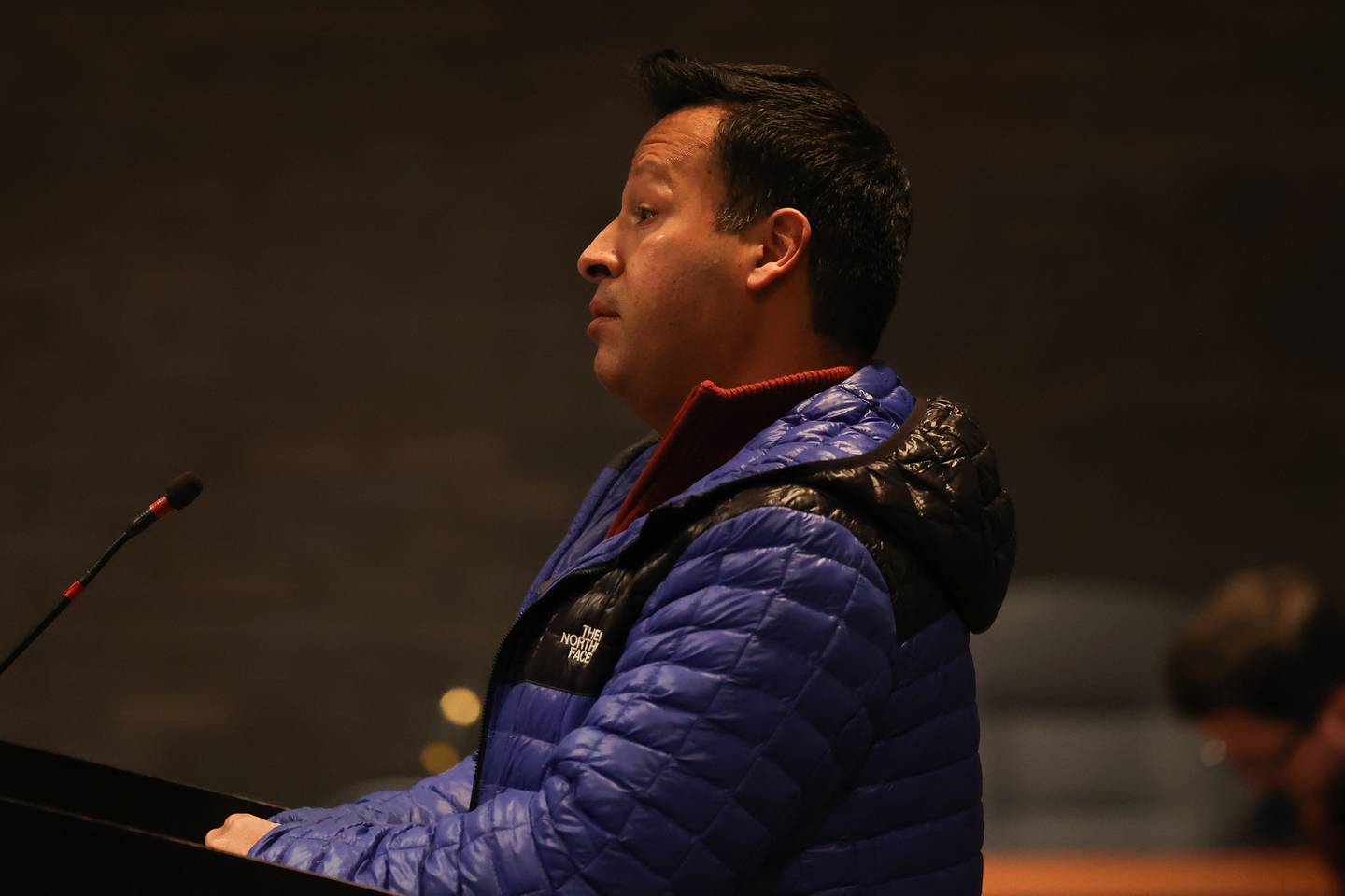 Former Joliet police sergeant Javier Esqueda speaks to the council members during the City Council Meeting at City Hall in Joliet on Monday, March 13th, 2023.