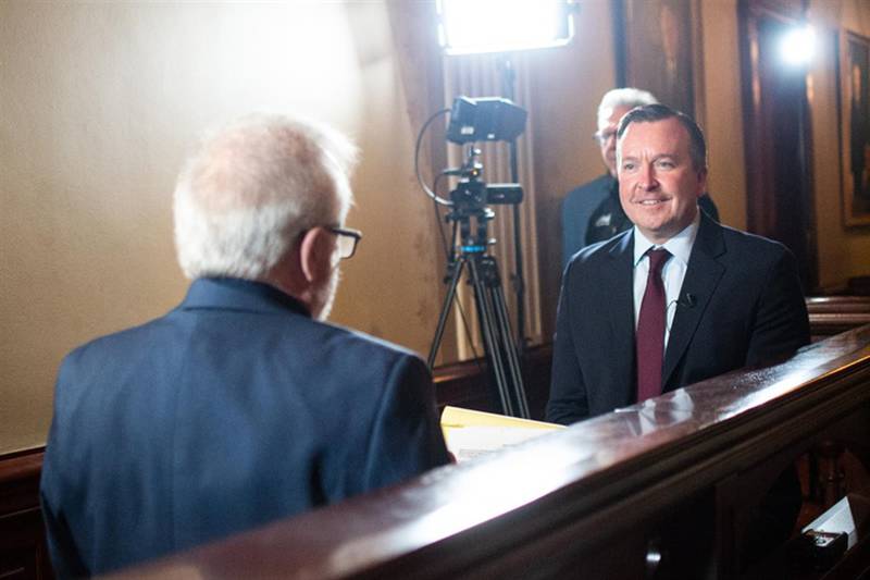 Deputy Gov. Andy Manar talks to host Jak Tichenor on the set of “Illinois Lawmakers,” Illinois’ longest-running state government-focused TV program that is now a production of Capitol News Illinois. Manar told Tichenor none of the governor’s revenue proposals – or any brought forth by the General Assembly – are off the table with a week remaining in the legislative session.