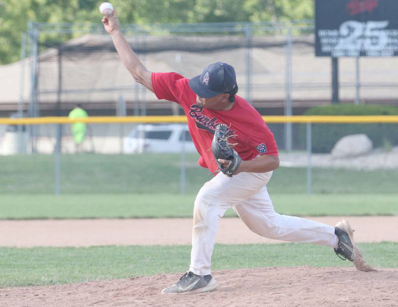 Burbank's Orlando Vazquez lets go of a pitch to Michigan in the seventh inning during the Central Regional Baseball Tournament championship on Thursday, July 18, 2024 at J.A. Happ Field in Washington Park in Peru.