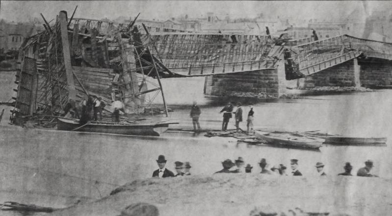Unattributed photograph of the Truesdell Bridge in Dixon after it collapsed on May 4, 1873 that appeared in a commemorative edition of the Dixon Telegraph on May 4, 1993.