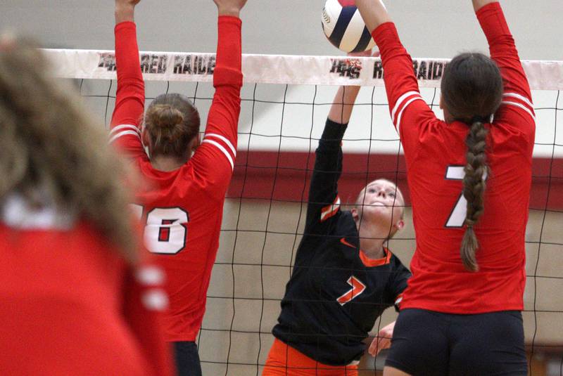 Crystal Lake Central’s Rebecca Kuehn sends the ball over the net during a Fox Valley Conference volleyball match on Tuesday, Aug. 27, 2024, at Huntley High School.