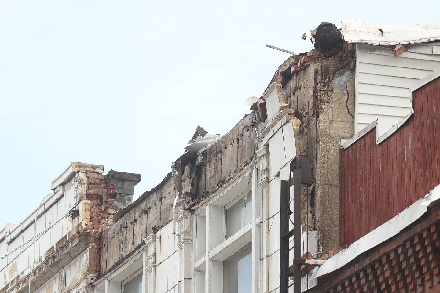 A section of the Illinois Rock and Roll Museum roof took some damage after a storm blew through Joliet Sunday morning, July 14, 2024.