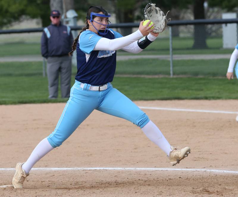Bureau Valley's Madison Smith delivers a pitch to St. Bede on Monday, May 1, 2023 at St. Bede Academy.