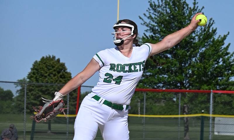 Rock Falls' Katie Thatcher fires a pitch during the Class 2A Stillman Valley Sectional championship game against Marengo.