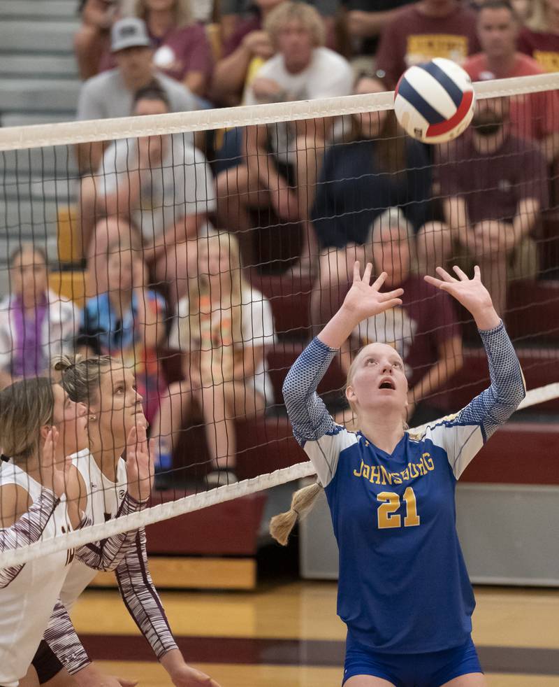 Johnsburg's Carlie Majercik sets up the ball during their game against Richmond-Burton on Monday, August 26, 2024 at Richmond-Burton High School in Richmond.