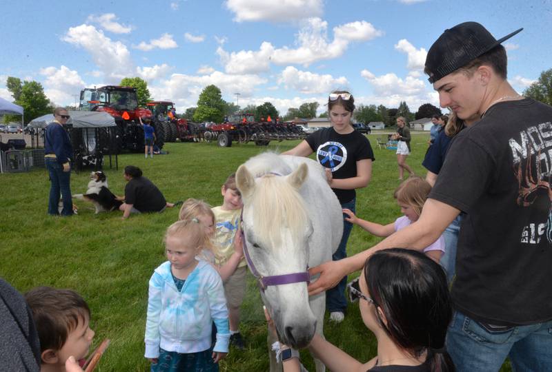 Smoky, a 27-year-old pony belonging to FFA member Skyler Holms, gets some love from Centennial Grade School pre-kindergarteners at the Polo High School's FFA Petting Zoo on Friday, May 10, 2024. FFA members and agriculture students brought animals and farm machinery to this year's event.