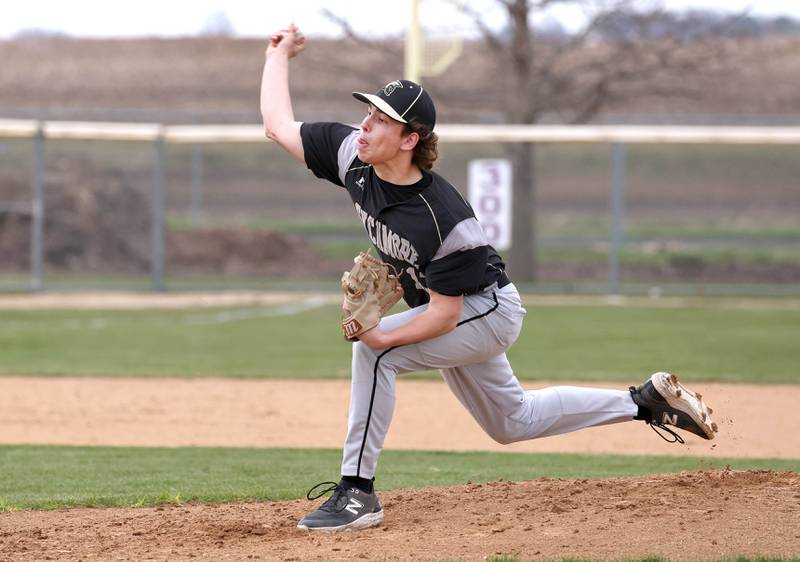 Sycamore's Cal Harbecke delivers a pitch during their game against Rochelle Wednesday, April 10, 2024, at Rochelle High School.