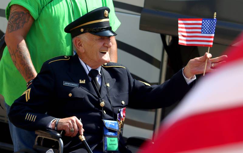 Army veteran Ben Jankowski of Woodstock smiles as McHenry Community High School hosted a celebration Sunday for veterans returning from an Honor Flight trip to Washington D.C. The Honor Flight trip was coordinated by the Veterans Network Committee of Northern Illinois.