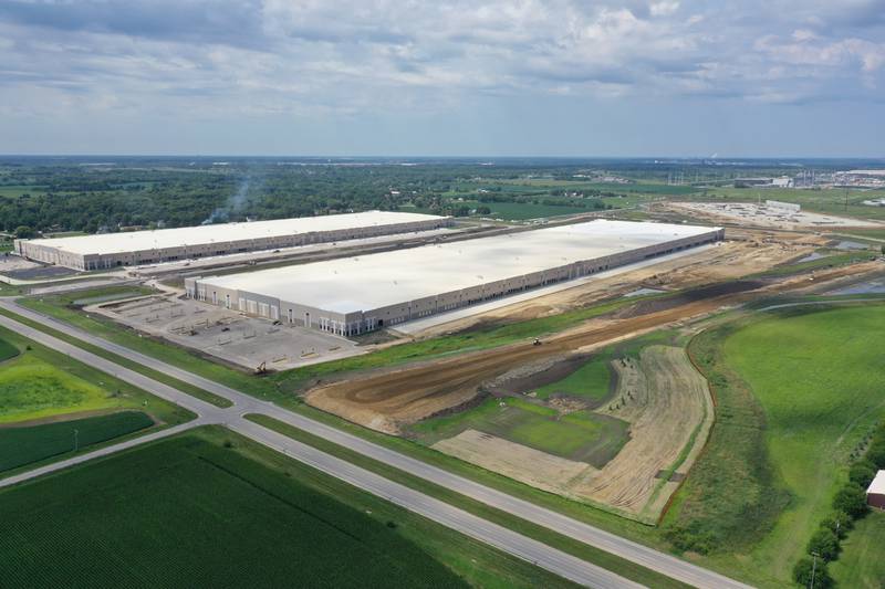 An aerial view of two warehouse distribution centers built by the NorthPoint group near the intersection of Noel Road and Illinois Route 53 in Elwood. NorthPoint is developing the Third Coast Intermodal Hub, a warehouse development of more than 2,000 acres stretching from Joliet to Elwood.