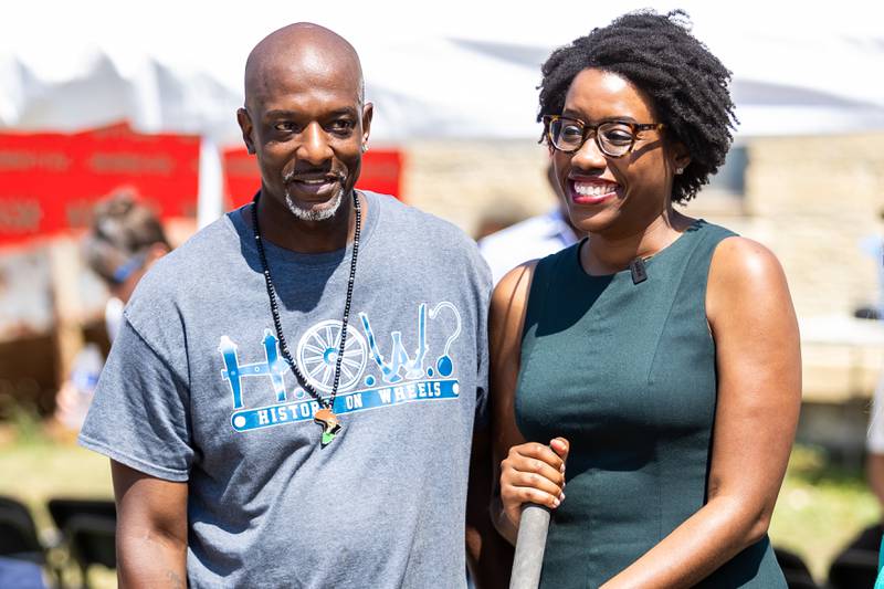 History on Wheels founder Luther E. Johnson Jr. takes a photo with U.S. Rep. Lauren Underwood, D-Naperville, during the groundbreaking ceremony and Juneteenth celebration at the African Descendants Military and Historical Museum in Joliet on June 19, 2024.