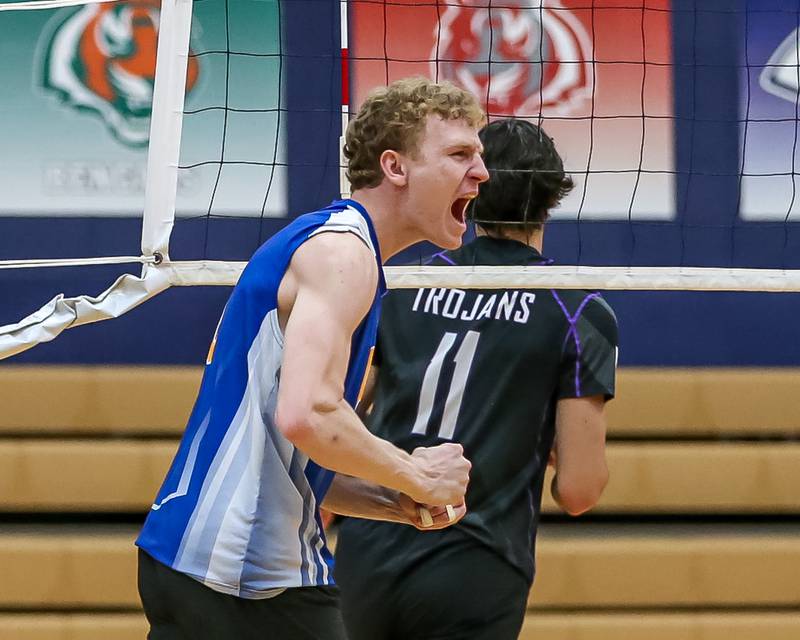 Lyons Sam Levinson (8) yells after making a kill shot during Oswego Sectional final between Downers Grove North at Lyons.  May 30, 2023.