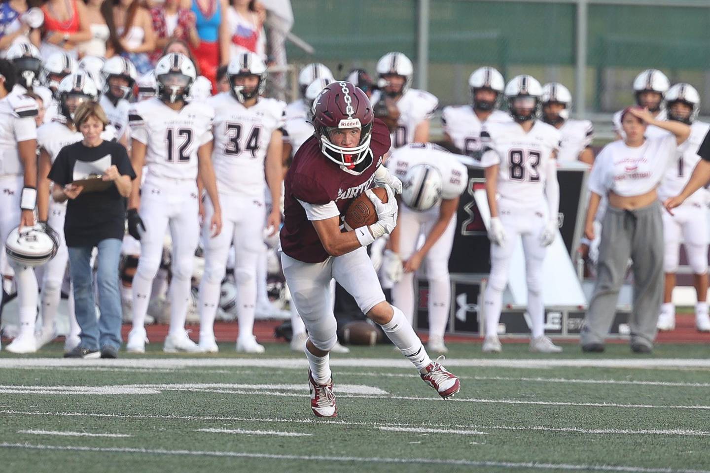 Lockport’s Adam Kozak cuts upfield after a catch against Plainfield North on Friday, August 30, 2024 in Lockport.