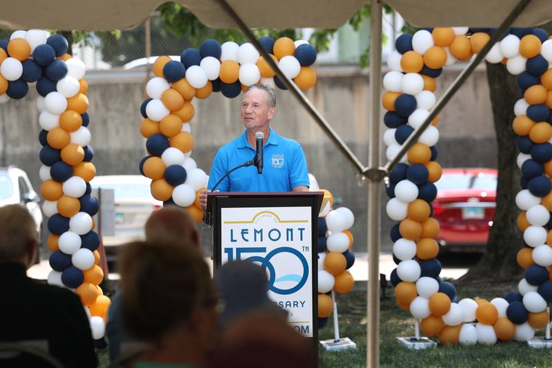 Lemont Mayor John Egofske makes opening remarks at the Lemont 150th Anniversary Commemoration on Friday, June 9, 2023.