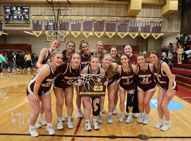 Montini Catholic celebrate winning the girls Class 3A Concordia University Supersectional basketball game against Grayslake Central on Monday, Feb. 26, 2024 in River Forest, IL.