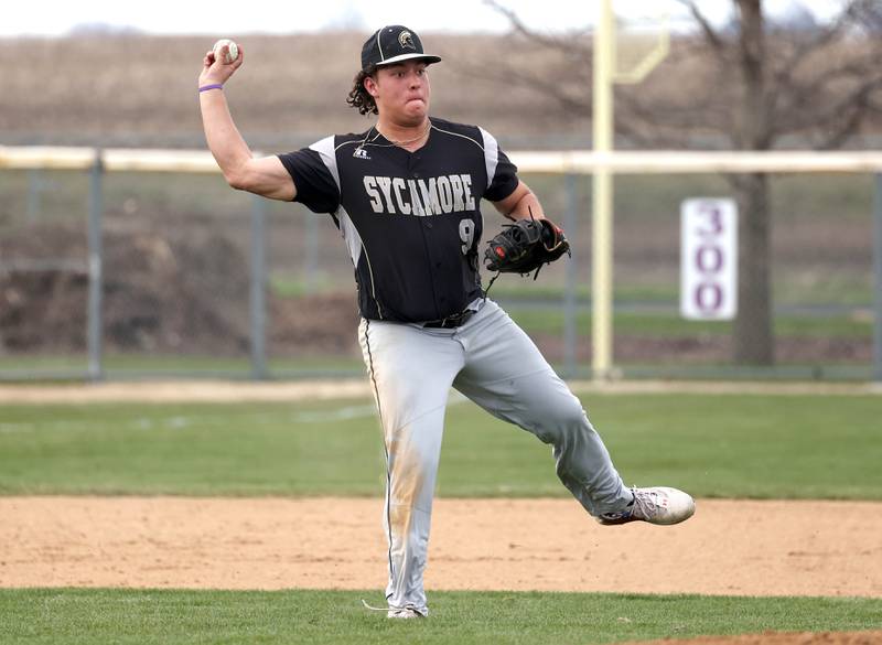 Sycamore's Matthew Rosado makes a running throw during their game against Rochelle Wednesday, April 10, 2024, at Rochelle High School.