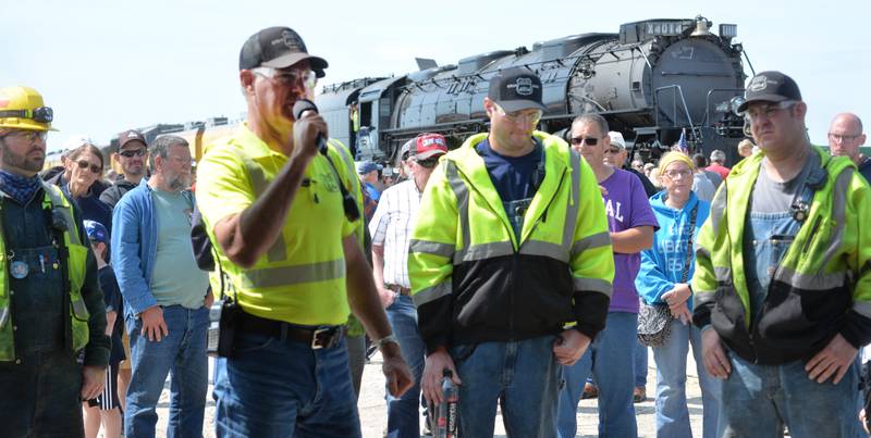 Ed Pickens, manager of the "UP steam team" talks about Big Boy 4014 and his operating team talk to the crowd on Sunday, Sept. 8, 2024.