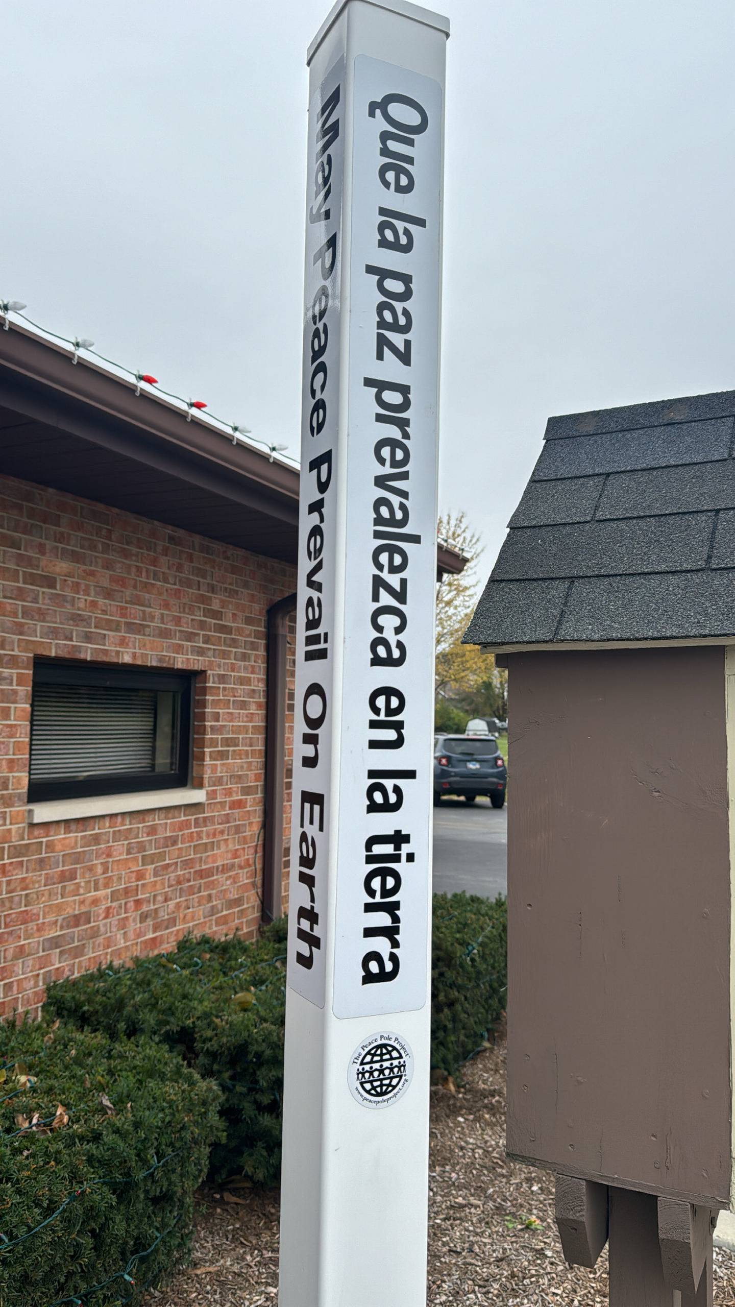 Lockport Township's classic white peace pole was dedicated on Nov. 8, 2023 outside the Township office on Farrell Road.