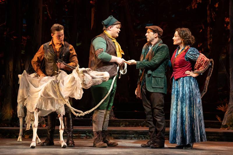 Paramount Theatre’s Into the Woods features (from left) Adam Fane as Milky White, Will Koski as Jack, Stephen Schellhardt as the Baker and Sarah Bockel as the Baker’s Wife. Jim Corti and Trent Stork co-direct Stephen Sondheim and James Lapine’s brilliant reimagining of the Grimm Brothers fairy tales. Performances are February 1-March 19, 2023, at Paramount Theatre, 23 E. Galena Blvd. in downtown Aurora. Tickets: paramountaurora.com or (630) 896-6666. Credit: Liz Lauren