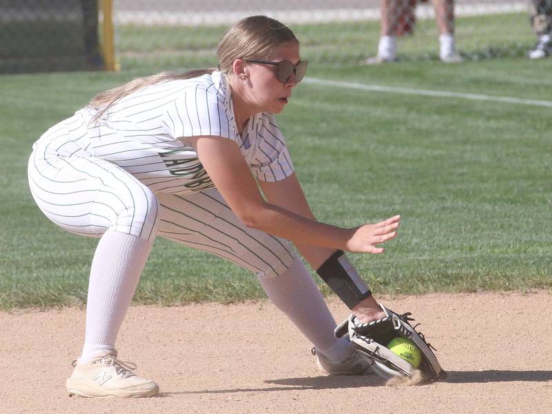 St. Bede's Maci Kelly fields a gound ball against Midwest Central during the Class 2A Regional final on Friday, May 17, 2024 at at Abbot Phillip Davy Field.